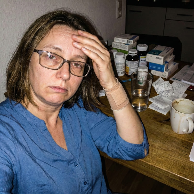 Carola nachdenklich vor allen Produkten