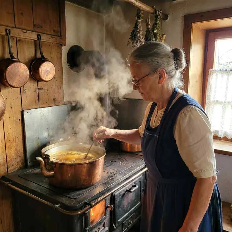 Maria rührt im Kupferkessel
