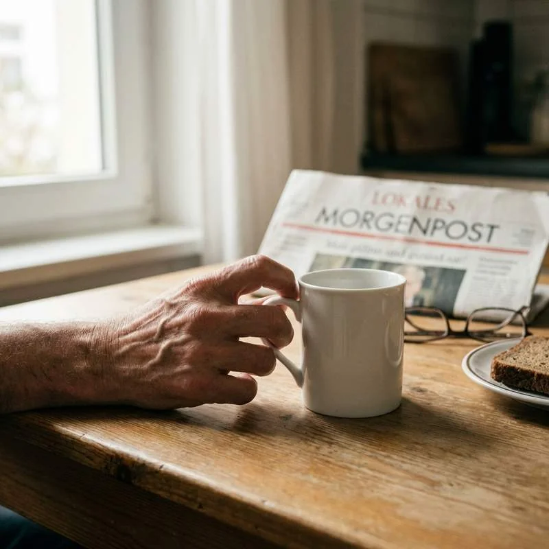 Hand versucht Kaffeetasse zu greifen