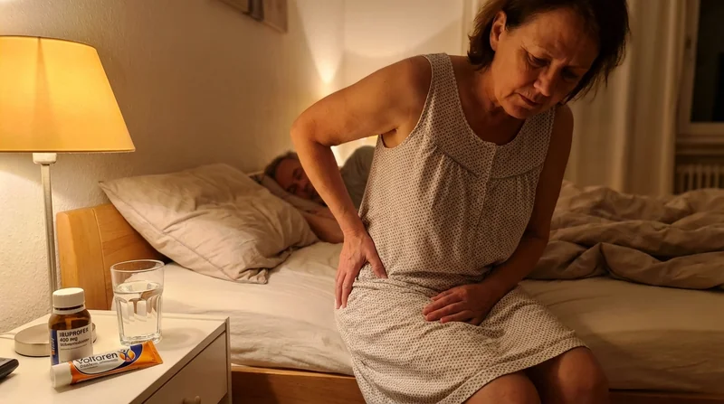 Frau sitzt nachts auf der Bettkante, Hand auf der Hüfte