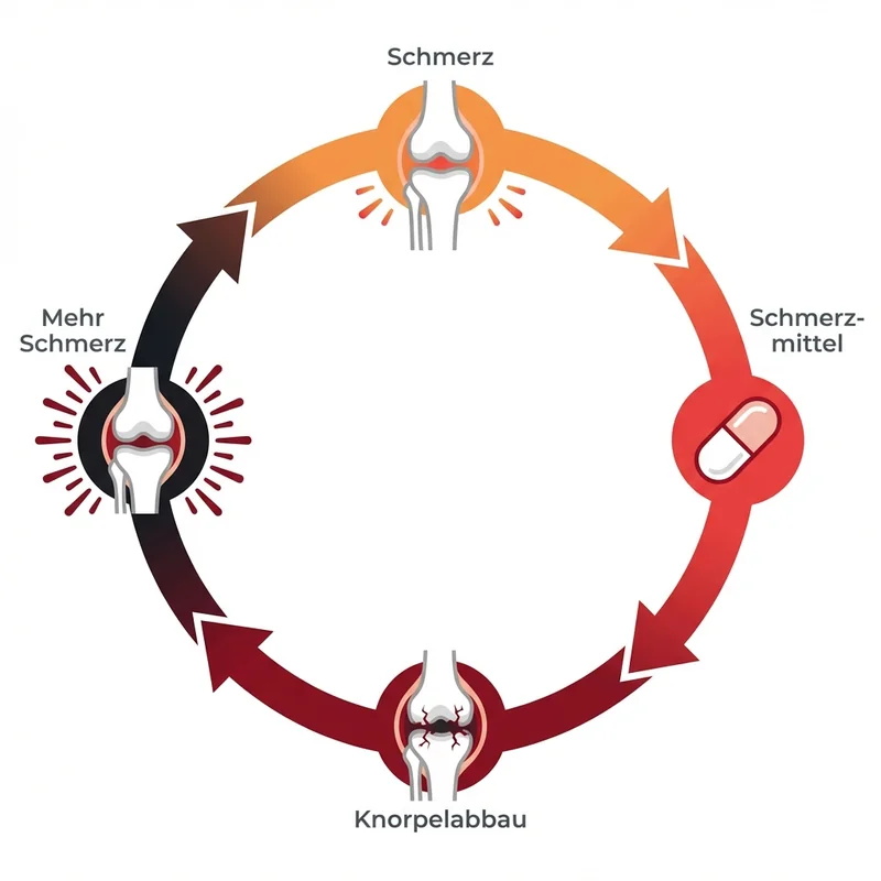 Infografik: Der Teufelskreis der Schmerzmittel — Schmerz → Schmerzmittel → Knorpelabbau → Mehr Schmerz