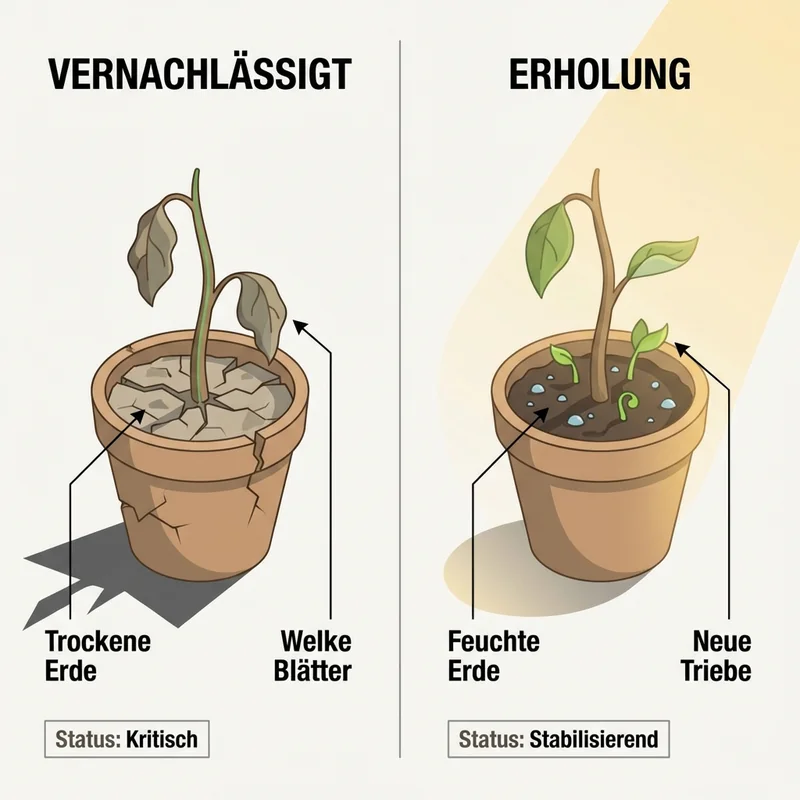 Split-Bild: verdorrte Pflanze vs. erholte Pflanze nach Bewässerung