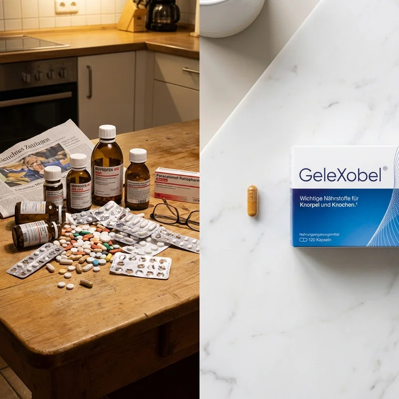 Split-Bild: Haufen Tabletten auf Küchentisch vs. eine einzelne Kapsel