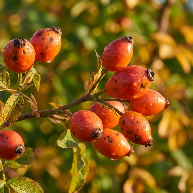Hagebutten am Strauch — natürlicher Rohstoff