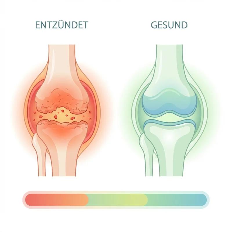Infografik: AHE-Prinzip — Gelenk entzündet (rot) → Gelenk versorgt (grün), Anti-entzündlich → Histo-regenerativ → Erhaltend
