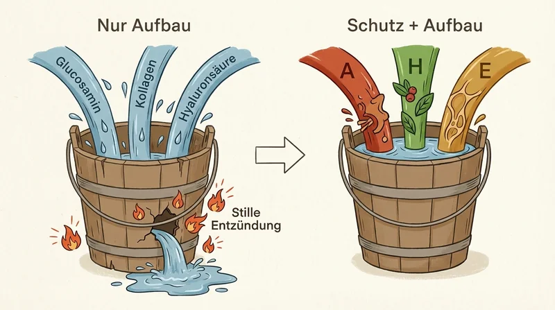 Eimer-Metapher: Links löchriger Eimer (nur Glucosamin), rechts ganzer Eimer (AHE-Komplex)