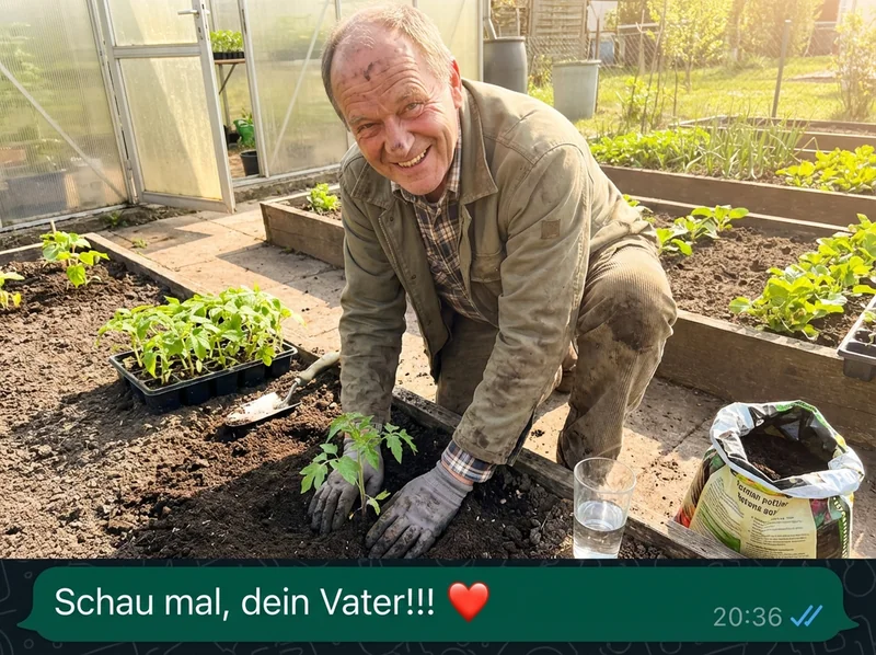 Helmut kniet im Garten vor dem Hochbeet mit Erde an den Händen und grinst