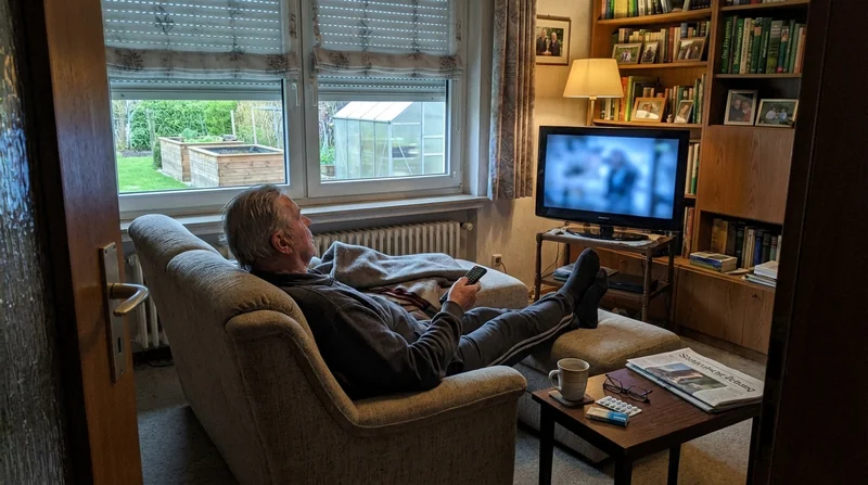 Helmut sitzt auf dem Sofa vor dem Fernseher, durch die Gardine ist der Garten zu sehen