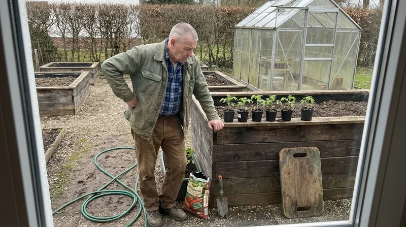 Helmut K., 69, steht neben seinem Hochbeet in Freiburg und kann sich nicht mehr hinknien