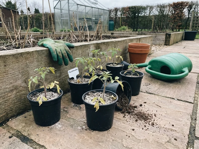 Sechs verlassene Tomatensetzlinge in Plastiktöpfen auf der Terrasse
