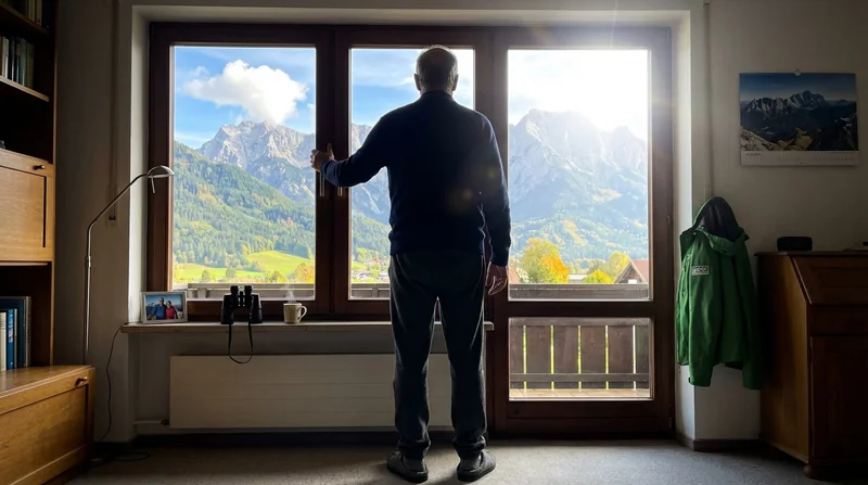 Klaus steht am Fenster und blickt sehnsüchtig auf die Berge bei Garmisch-Partenkirchen