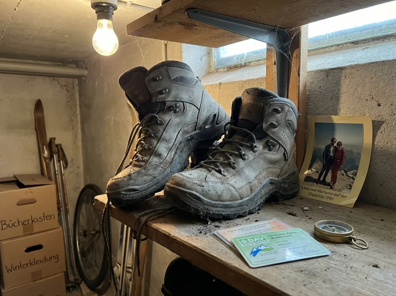 Verstaubte Wanderstiefel stehen im Keller neben alten Kartons