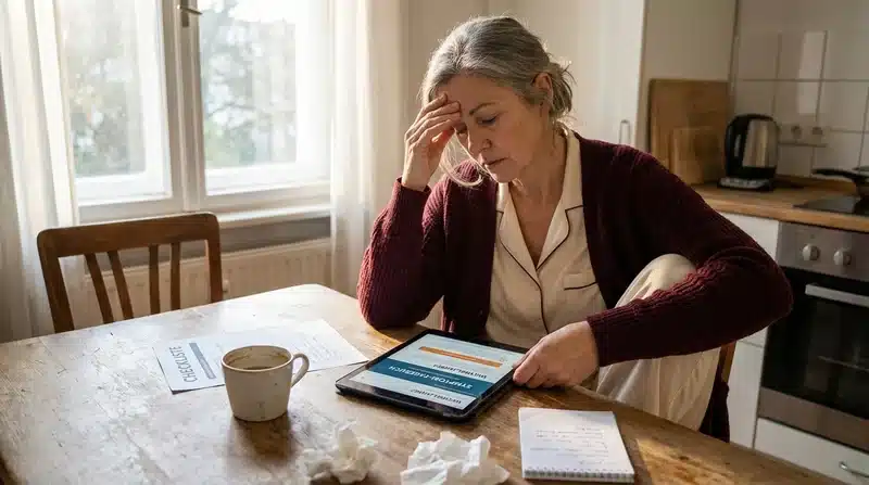 Frau macht Symptom-Check am Morgen
