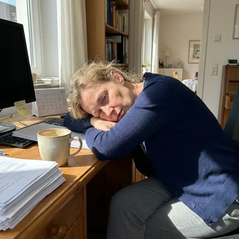 Frau ersch&ouml;pft am Schreibtisch am Nachmittag