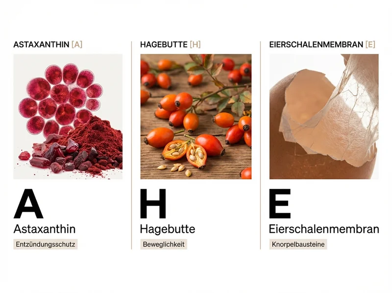 AHE-Komplex: Astaxanthin, Hagebutte und Eierschalenmembran in drei Panels