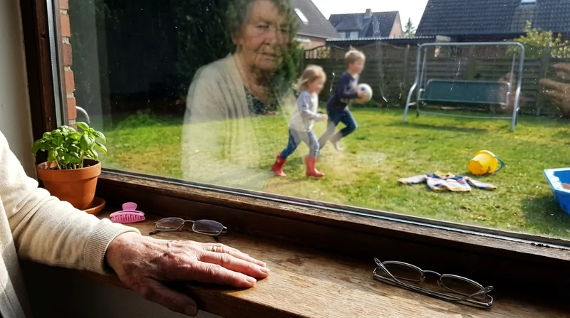 Ingrid schaut durch das Küchenfenster, im Garten spielen die Enkelkinder