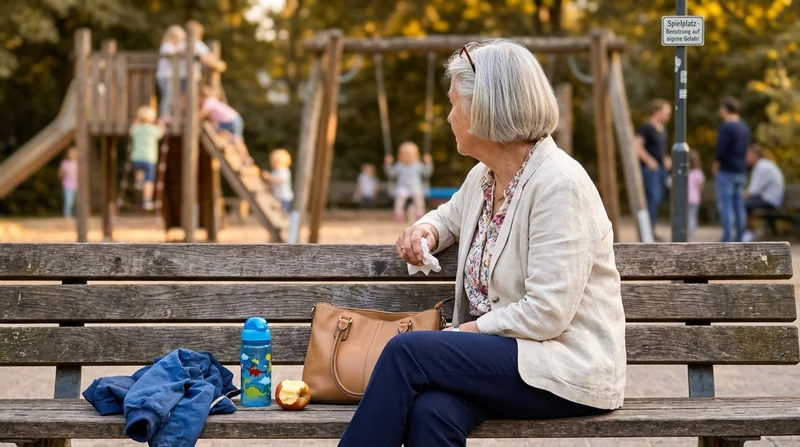Ingrid M., 66, sitzt auf einer Parkbank am Spielplatz in Hamburg-Eppendorf und schaut den spielenden Kindern zu
