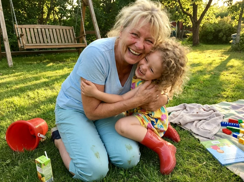 Ingrid spielt mit ihrer Enkelin Lina im Garten, beide lachen