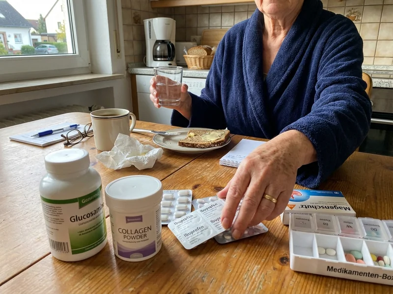 Verschiedene Medikamente und Nahrungsergänzungsmittel auf Ingrids Küchentisch