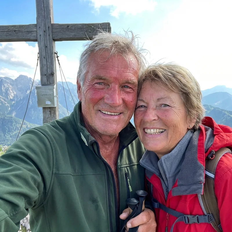 Klaus und Marianne machen ein Selfie auf dem Gipfel des Eckbauer, beide strahlen