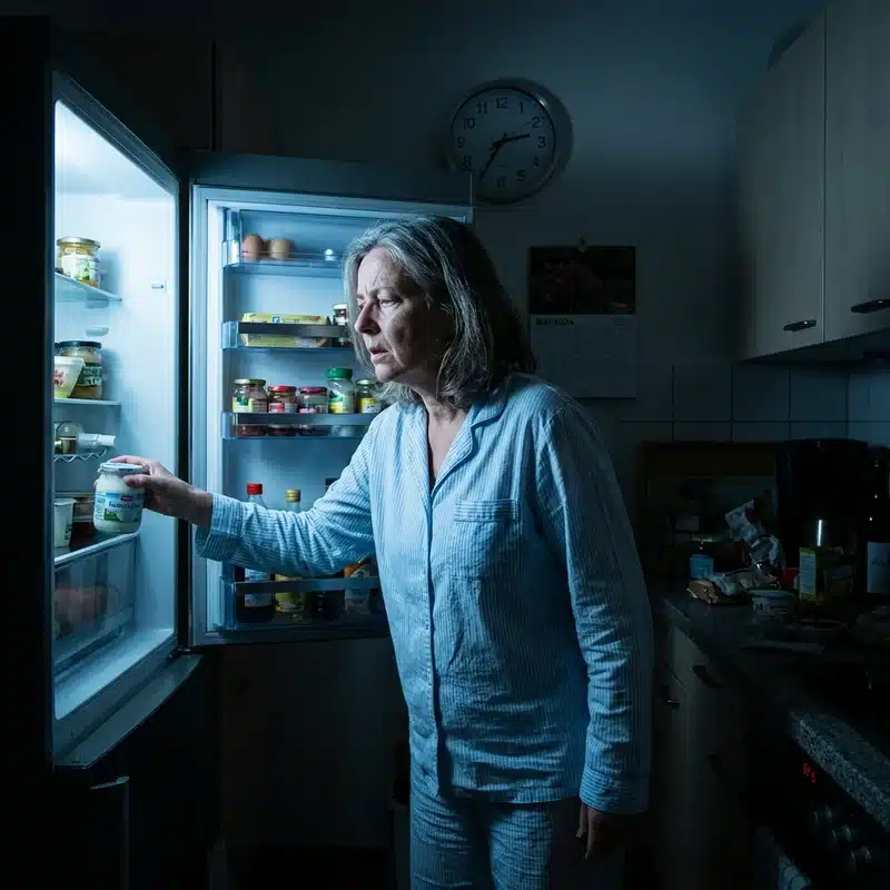 Frau nachts am K&uuml;hlschrank