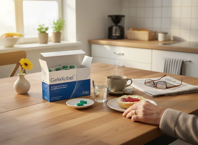 GeleXobel Produktbox auf einem Frühstückstisch neben Kaffee und Zeitung