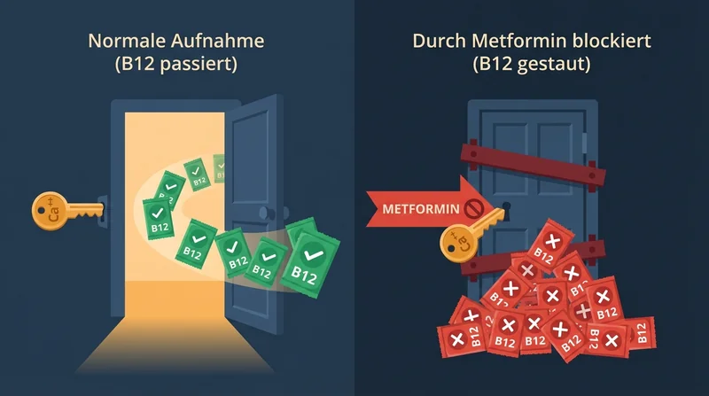 Infografik: Normale B12-Aufnahme vs. Metformin-Blockade &mdash; 2 Zust&auml;nde