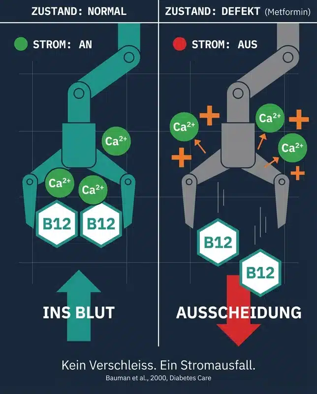 Infografik: Greifarm-Schema — funktionierend vs. stromlos unter Metformin