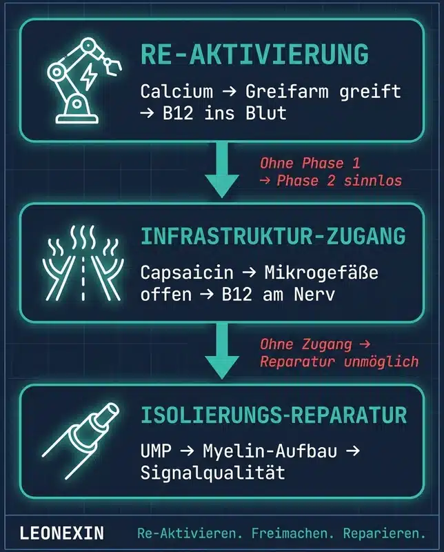 3-Phasen-Flussdiagramm: Re-Aktivierung → Infrastruktur-Zugang → Isolierungs-Reparatur