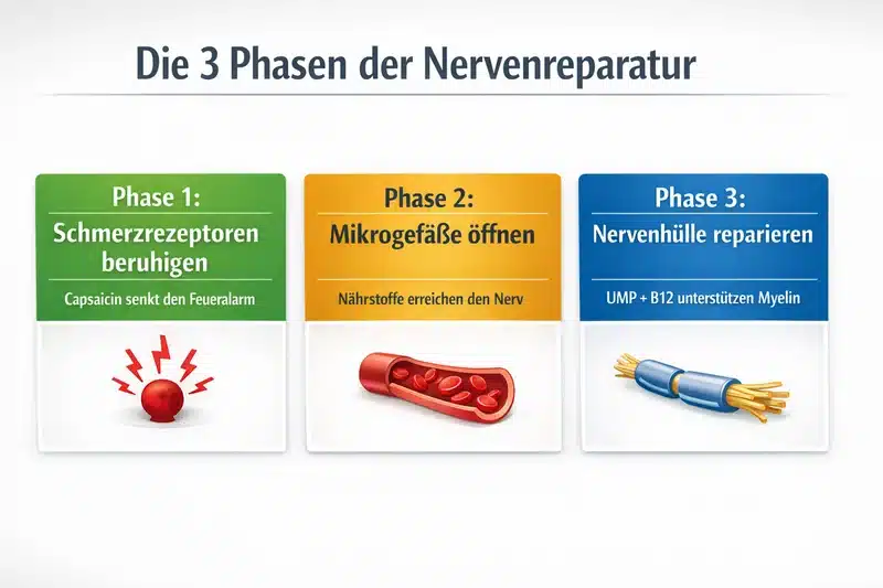 Die 3 Phasen der Nervenreparatur: Schmerzrezeptoren beruhigen, Mikrogefäße öffnen, Nervenhülle reparieren