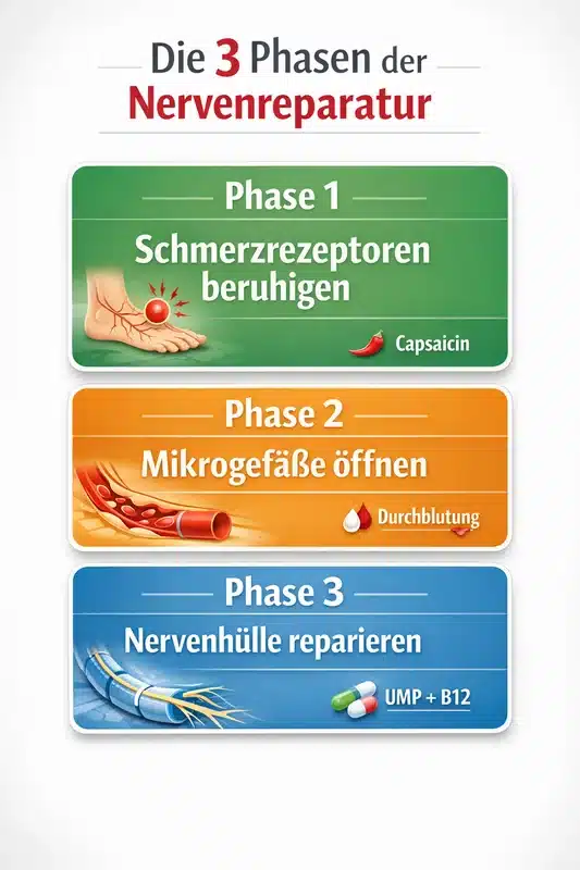 Die 3 Phasen der Nervenreparatur: Schmerzrezeptoren beruhigen, Mikrogefäße öffnen, Nervenhülle reparieren